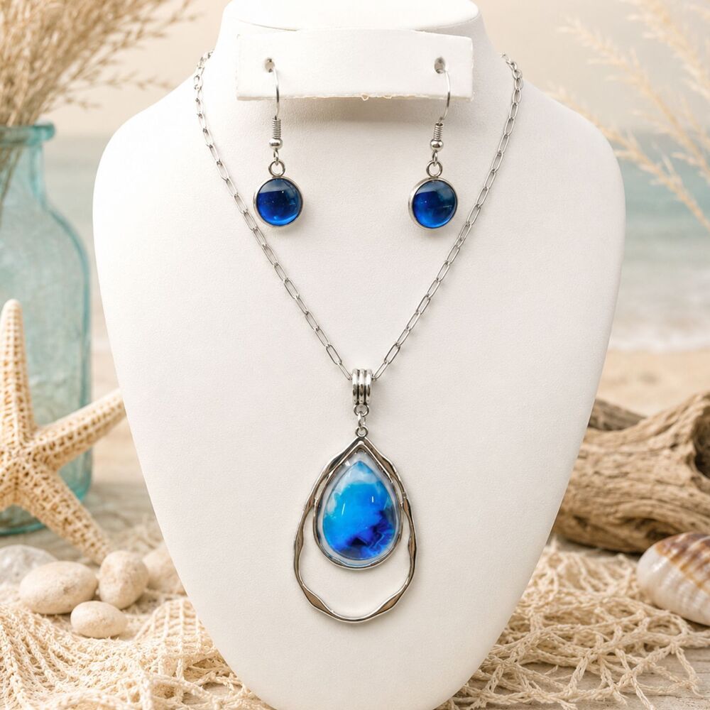 Blue Druzy Teardrop Pendant Necklace & Matching Earrings Set Silver Tone
